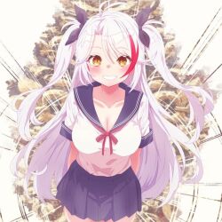  1girl azur_lane explosion grin long_hair prinz_eugen_(azur_lane) school_uniform twintails two_side_up 