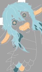  1boy blue_eyes blue_hair commentary_request dragon_boy dragon_ears dragon_horns drooling eastern_dragon_horns flower-shaped_pupils grey_background highres horns hotathino japanese_clothes kimono long_hair looking_at_viewer male_focus mouth_drool open_mouth orange_pupils original partially_colored simple_background solo symbol-shaped_pupils upper_body 