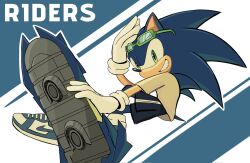 1boy alternate_costume black_shorts blue_fur english_text eyewear_on_head furry gloves green-framed_eyewear green_eyes grin highres hoverboard nike_(company) shirt shoes shorts simple_background smile sneakers solo sonic_(series) sonic_riders sonic_riders_(series) sonic_the_hedgehog sonic_the_hedgehog_(riders) twixei0 white_shirt