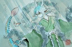  1boy animal animal_hands blue_hair claws commentary_request cowboy_shot dragon_boy dragon_horns dragon_tail eastern_dragon_horns eastern_dragon_tail fish floating_hair green_kimono highres horns hotathino japanese_clothes kimono koi long_hair looking_at_animal looking_to_the_side male_focus monster_boy original shawl solo tail underwater yellow_eyes 