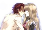  1girl beatrice blonde_hair blue_eyes choker couple eye_contact formal frills incipient_kiss long_hair nanamura red_hair ribbon umineko_no_naku_koro_ni ushiromiya_battler when_they_cry_4 white 