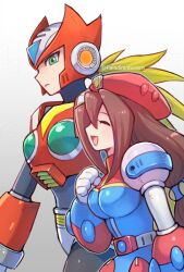  1boy 1girl ^_^ android armor belt beret blonde_hair breasts brown_hair closed_eyes dress forehead_jewel gloves gradient_background green_eyes grey_background hair_between_eyes hat helmet iris_(mega_man) izapara joints large_breasts long_hair low-tied_long_hair mega_man_(series) mega_man_x4 mega_man_x_(series) open_mouth ponytail red_armor red_hat red_helmet revision robot robot_girl robot_joints smile very_long_hair white_background white_gloves zero_(mega_man) 