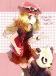  1girl blonde_hair commentary english hat long_hair namie-kun pancham pokemon pokemon_(creature) pokemon_(game) pokemon_xy serena_(pokemon) skirt smile spoken_blush thigh-highs zettai_ryouiki 