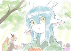  1girl 4boys :t apple blue_hair commentary_request dragon_boy dragon_ears dragon_horns dragon_wings eastern_dragon_horns eating food forest fruit green_kimono highres holding holding_food holding_fruit horns hotathino japanese_clothes kimono light_rays looking_at_viewer multiple_boys nature orange_hair original outdoors sunbeam sunlight tree upper_body wings yellow_eyes 