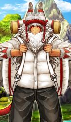  1boy asterios_(fate) asterios_(traveling_outfit)_(fate) backpack bag beard black_pants black_sclera blue_sky chullo closed_mouth clouds coat colored_sclera commentary cowboy_shot dark-skinned_male dark_skin day earrings facial_hair fate/grand_order fate_(series) happy hat hat_flaps holding_strap hoop_earrings jewelry knit_hat long_beard long_hair long_sleeves looking_at_viewer male_focus mountain nature official_art outdoors pants partially_unbuttoned pom_pom_(clothes) red_eyes red_hat red_ribbon ribbon scar scar_on_chin scar_on_face shimadoriru sky smile solo standing sunlight tail tail_ornament tail_ribbon third-party_source white_bag white_beard white_coat white_facial_hair white_hair white_hat white_theme winter_clothes winter_coat 