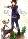  +_+ 1boy :d baseball_cap brown_hair calme_(pokemon) english fletchling gogoat hat namie-kun open_mouth pointing pokemon pokemon_(creature) pokemon_(game) pokemon_xy riding smile standing 