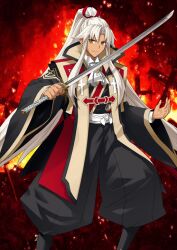  1boy amakusa_shirou_(fate) amakusa_shirou_(third_ascension)_(fate) ascot black_boots black_hakama black_kimono boots brown_eyes christianity closed_mouth cross curtained_hair dark-skinned_male dark_skin earrings embers fate/grand_order fate_(series) fiery_background fire hakama hakama_pants hands_up high_ponytail holding holding_sword holding_weapon japanese_clothes jewelry jinbaori katana kimono konoe_ototsugu latin_cross legs_apart long_hair long_sidelocks long_sleeves male_focus medium_hair miike_tenta_mitsuyo_(fate) official_art pants ponytail puffy_pants red_background sash shirt sidelocks smile solo split_ponytail standing sword third-party_source v-shaped_eyebrows variant_set very_long_hair weapon white_ascot white_hair white_sash white_shirt wide_sleeves wingtip_collar 