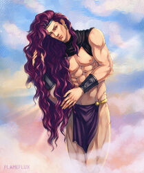  abs absurdres armlet armor bare_arms bare_legs bare_shoulders breastplate character_name earrings exposed_muscle gold_earrings highres horns jewelry jojo_no_kimyou_na_bouken kars_(jojo) long_hair looking_at_viewer male_focus muscular pale_skin purple_hair red_eyes shiny_skin solo standing thong vampire very_long_hair wavy_hair 