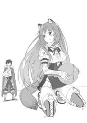  1boy 1girl animal_ear_fluff animal_ears arm_shield armor ball beek belt blush boots breastplate breasts chest_guard cloak closed_mouth collared_dress commentary_request crossed_arms curvy dress embarrassed frilled_arm_cuffs fur-trimmed_armor fur-trimmed_jacket fur_trim greyscale hair_tubes high_collar holding holding_ball holding_shield iwatani_naofumi jacket knee_boots kneeling large_breasts layered_dress leather leather_boots legendary_shield_(small_shield)_(tate_no_yuusha_no_nariagari) legendary_shield_(tate_no_yuusha_no_nariagari) long_hair long_sleeves looking_at_another looking_back messy_hair metal_arm_cuffs metal_hair_tubes monochrome neck_ribbon open_mouth pants pauldrons pinstripe_dress pinstripe_pattern raccoon_ears raccoon_girl raccoon_tail raphtalia ribbon shield short_dress short_hair shoulder_armor simple_background single_pauldron sleeveless sleeveless_dress standing straight_hair tail tanuki tassets tate_no_yuusha_no_nariagari thick_thighs thigh_boots thighs two-tone_dress wavy_mouth wide_hips zettai_ryouiki 