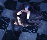  black_rock_shooter black_rock_shooter_(character) blue_eyes colored_eyelashes crossover derivative_work dhiea dress eyelashes glowing glowing_eyes long_hair looking_at_viewer on_back parody petticoat signed solo sword thigh-highs thighhighs twintails uneven_twintails very_long_hair vocaloid weapon world_is_mine_(vocaloid) 