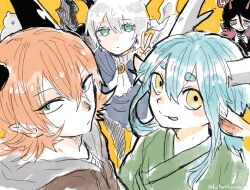  1other 4boys aqua_eyes blue_coat blue_eyes blue_hair brown_jacket centauroid coat commentary_request dragon_boy dragon_ears dragon_horns dragon_wings eastern_dragon_horns green_kimono horns hotathino jacket japanese_clothes kimono long_hair looking_at_viewer monster_boy multiple_boys orange_hair original pointy_ears short_hair simple_background taur v white_hair wings yellow_background yellow_eyes 