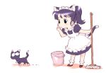  apron black_eyes broom cat dress maid nekomimi pony_tail purple_hair uniform 