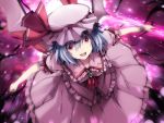  blue_hair dress from_above hat holding kiyu open_mouth red_eyes remilia_scarlet short_hair smile solo spear_the_gungnir touhou vampire wings 