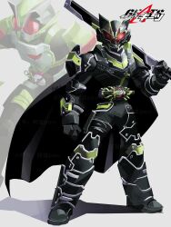  1boy armor belt_buckle black_armor black_bodysuit black_helmet bodysuit buckle bujinsword_buckle copyright_name desire_driver full_body green_armor green_helmet grey_background helmet highres holding holding_sword holding_weapon kamen_rider kamen_rider_geats_(series) kamen_rider_tycoon kamen_rider_tycoon_bujinsword multiple_views penpenhuihui red_eyes rider_belt simple_background sword weapon zoom_layer 
