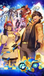  &gt;:) 2boys 3girls adjusting_eyewear alexander_(fate) alexander_(winter_thanksgiving_festival)_(fate) aqua_hair armpits azusa_(hws) bespectacled black_boots black_gloves black_scarf black_shirt black_skirt black_sweater black_thighhighs blue_background blunt_bangs boots braid breasts brown_boots brown_coat brown_hair brown_jacket brown_pants brown_shorts buttons check_commentary cleopatra_(fate) cleopatra_(winter_thanksgiving_festival)_(fate) closed_mouth coat commentary commentary_request cowboy_shot creature dark-skinned_female dark-skinned_male dark_skin diffraction_spikes dress earmuffs earrings eye_of_horus fate/grand_order fate_(series) fou_(fate) fur-trimmed_boots fur_trim glasses gloves gold_belt gold_earrings grey_jacket hair_between_eyes hair_over_one_eye happy high_ponytail holding holding_staff hoop_earrings horse jacket jewelry long_hair long_sleeves looking_at_viewer mash_kyrielight medium_breasts midriff_peek miniskirt multiple_boys multiple_girls necklace nitocris_(fate) nitocris_(winter_thanksgiving_festival)_(fate) official_art one_eye_closed open_clothes open_coat open_mouth orange_coat oversized_object ozymandias_(fate) ozymandias_(winter_thanksgiving_festival)_(fate) pants pantyhose pectoral_cleavage pectorals pink_eyes ponytail popped_collar puffy_long_sleeves puffy_sleeves purple_hair pyramid_(structure) ramesseum_tentyris red-framed_eyewear red_hair red_jacket red_nails red_scarf scarf shirt short_dress short_hair shorts sidelocks single_braid sitting skirt sleeveless sleeveless_dress smile snowflake_background snowman sparkle sphinx_awlad staff standing stuffed_animal stuffed_toy sweater thigh-highs third-party_source v-shaped_eyebrows very_long_hair white_coat white_dress white_pantyhose winter winter_clothes winter_coat yellow_eyes 