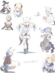  animal_ear_fluff animal_ears aqua_cardigan aqua_neckerchief arched_bangs ascot belt beret blonde_hair blue_ascot blue_belt blue_choker blue_eyes blue_hair blue_neckerchief blue_scarf bracelet braid breasts camisole cardigan choker curled_horns daimyojin_t detached_sleeves dress fox_ears fox_girl fox_tail frilled_camisole frills front_slit fur-trimmed_dress fur_trim grey_hair grey_hat hat high-waist_skirt highres hololive hood hoodie horns hoshimachi_suisei hoshimachi_suisei_(1st_costume) jacket jewelry kazama_iroha kazama_iroha_(school_uniform) multicolored_hair murasaki_shion murasaki_shion_(1st_costume) navel neckerchief off-shoulder_jacket off_shoulder one_eye_closed pendant_collar pentagram pinstripe_pattern pinstripe_shirt plaid_clothes plaid_dress plaid_hat plaid_jacket sakamata_chloe sakamata_chloe_(1st_costume) scarf sheep_ears sheep_girl sheep_horns shirakami_fubuki shirakami_fubuki_(1st_costume) shirakami_fubuki_(loungewear) shirt side_ponytail single_braid single_thighhigh skirt star_(symbol) star_bracelet star_in_eye streaked_hair striped_clothes striped_shirt symbol_in_eye tail thigh-highs torn_clothes torn_thighhighs tsunomaki_watame tsunomaki_watame_(1st_costume) v virtual_youtuber white_camisole white_hair white_hoodie 