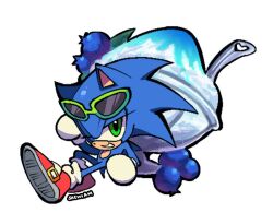  1boy animal_ears animal_nose blue_fur blueberry chibi eyewear_on_head food fruit full_body furry furry_male gloves green-framed_eyewear green_eyes grin hedgehog_boy leaning_back looking_at_viewer male_focus one_eye_closed red_shoes saewiam shaved_ice shoes short_tail simple_background smile solo sonic_(series) sonic_the_hedgehog sunglasses tail white_background white_gloves 