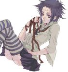  1girl amber_eyes blouse colored_eyelashes d.gray-man facial_mark forehead_mark frills purple_hair ribbon road_kamelot short_hair skirt solo spiked_hair striped_thighhighs stripes thighhighs 