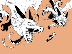  1boy animal_hands claws commentary_request dragon dragon_boy dragon_horns dragon_tail dragon_wings dual_persona greyscale_with_colored_background highres horns hotathino jacket male_focus monster_boy open_mouth orange_background orange_theme original sharp_teeth short_hair simple_background solo tail teeth western_dragon wings 