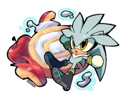  1boy :o animal_ears animal_nose apple apple_slice black_shoes body_fur bracelet cake chibi food fruit full_body furry furry_male gloves gold_bracelet grey_fur hedgehog_boy jewelry long_hair looking_at_viewer male_focus neck_fur open_mouth saewiam shoes short_tail silver_the_hedgehog simple_background solo sonic_(series) sonic_the_hedgehog_(2006) standing swiss_roll tail white_background white_fur white_gloves yellow_eyes 