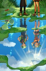  1boy 1girl :d absurdres bandana bike_shorts black_pants black_shorts brendan_(pokemon) brown_hair closed_mouth dress fingerless_gloves gloves green_bandana hat highres kecleon may_(pokemon) open_mouth orange_dress pants pokemon pokemon_(creature) pokemon_emerald pokemon_rse puddle reflection reflective_water sanno_(snn_3) shirt shorts sleeveless sleeveless_dress smile white_hat 