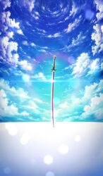  blue_background blue_sky clouds commentary diffraction_spikes fate/grand_order fate_(series) horizon katana lens_flare no_humans official_art outdoors planted planted_sword rengoku_(sword)_(fate) sakumamitsuro sky still_life sword third-party_source weapon weapon_focus 