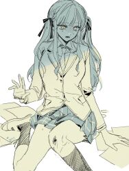  1girl bang_dream! bang_dream!_it's_mygo!!!!! commentary diagonal-striped_clothes diagonal-striped_necktie haneoka_school_uniform jacket kneehighs long_sleeves monochrome necktie nutella_1231 on_ground open_mouth plaid_clothes plaid_skirt school_uniform scrape shade sidelocks simple_background sitting skirt socks solo striped_clothes togawa_sakiko white_background yellow_eyes 