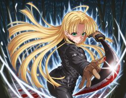  ai-generated asia_argento aura black_pants black_skirt blonde_hair blood blood_on_face blue_aura brown_gloves bulletproof_vest gloves green_eyes high_school_dxd highres holding holding_sword holding_weapon katana long_sleeves pants self-upload skirt smirk sword tactical_clothes weapon 