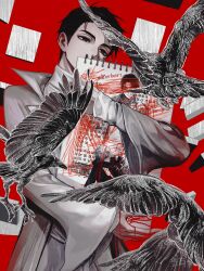  absurdres alien_stage artist_name bird black_eyes black_hair black_pants black_shirt coat commentary fingerless_gloves gloves grey_hair head_on_knees highres holding holding_notebook ivan_(alien_stage) jingjue_de_yumiao knees_up korean_text long_sleeves lyrics male_focus mini_person miniboy notebook pants red_background red_pupils scribble shirt short_hair sitting spiral_notebook symbol-only_commentary till_(alien_stage) turtleneck turtleneck_shirt white_coat white_shirt 