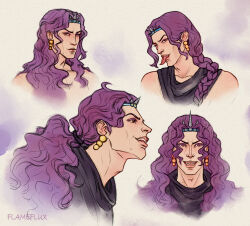 absurdres braid character_name curly_hair earrings fangs from_side gold_earrings highres horns jewelry jojo_no_kimyou_na_bouken kars_(jojo) long_hair looking_at_viewer male_focus pale_skin ponytail portrait profile purple_hair red_eyes reference_sheet sketch smile solo tongue tongue_out vampire very_long_hair wavy_hair 