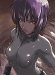  1girl bodysuit cyborg face ghost_in_the_shell ghost_in_the_shell_stand_alone_complex gloves kusanagi_motoko latex purple_hair red_eyes science_fiction shiny shiny_clothes short_hair solo spandex tea_(artist) 