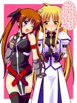  blonde_hair blush brown_hair cosplay costume_switch fate_testarossa fingerless_gloves gauntlets gloves long_hair mahou_shoujo_lyrical_nanoha mahou_shoujo_lyrical_nanoha_strikers multiple_girls purple_eyes red_eyes saki_chisuzu skirt takamachi_nanoha thigh_highs thighhighs translated twintails uniform very_long_hair wink 