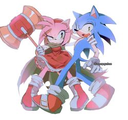  1boy 1girl :d amy_rose animal_ears animal_nose blue_fur boots brown_scarf dress full_body furry furry_female furry_male gloves green_eyes hairband hedgehog_boy hedgehog_girl highres looking_at_viewer open_mouth pink_fur pink_hair red_dress red_hairband red_shoes scarf shapam_(zeepgalae) shoes short_tail simple_background smile sonic_(series) sonic_the_hedgehog standing sweatdrop tail toy_hammer white_background white_gloves 