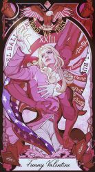  1boy 1other absurdres american_flag argyle_clothes argyle_gloves bird blonde_hair blue_eyes character_name coat dirty_deeds_done_dirt_cheap eagle funny_valentine ginsky2000 gloves heart_(organ) highres jojo_no_kimyou_na_bouken long_coat long_hair long_sleeves napkin pants pink_coat pink_theme shirt stand_(jojo) steel_ball_run white_gloves white_pants white_shirt 