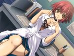  chair choker cleavage crossed_legs desk dutch_angle eien_no_aselia finger_to_mouth game_cg jatzieta labcoat masaharu pen red_hair seinarukana short_hair sitting skirt solo spirit yellow_eyes 