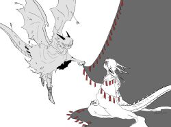  2boys absurdres arrow_(projectile) boots cloak commentary_request dragon_boy dragon_ears dragon_horns dragon_tail dragon_wings eastern_dragon_horns eastern_dragon_tail entangled flying full_body grey_background highres horns hotathino injury japanese_clothes kimono long_hair looking_at_another male_focus multiple_boys original pointy_ears seiza short_hair sitting split_theme stab string_of_flags tail torn_clothes white_background wings 