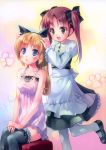  2girls :d :o blonde_hair bow brown_hair character_request fake_animal_ears garter headband kogemashita maid nekomimi one_leg_raised open_mouth sitting standing takoyaki thigh-highs thighhighs twintails 