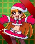  1girl belt blossom blush christmas earrings gloves hat hyper_blossom jewelry long_hair midriff mittens navel open_mouth pantyhose pink_eyes powerpuff_girls_z santa_costume santa_hat skirt smile solo thigh_highs 