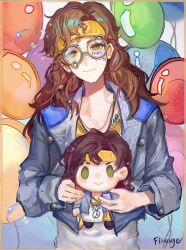  1boy artist_name bishounen blue_jacket brown_hair bubble character_doll curly_hair diggers_(reverse:1999) doll drawing_on_own_face fllouvge glasses green_eyes grey-framed_eyewear happy_birthday head_tilt headband highres hippie holding holding_doll jacket long_hair male_focus novelty_glasses open_clothes open_jacket reverse:1999 revision shirt signature smile solo too_many_balloons upper_body white_shirt yellow_headband 