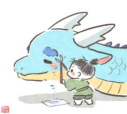  1boy black_hair child clippers commentary_request dragon eastern_dragon full_body green_kimono high_ponytail highres hotathino japanese_clothes kimono male_focus original ponytail short_hair short_ponytail simple_background solo white_background 