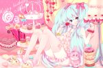  1girl apple aqua_hair bad_id blue_eyes cake doughnut food fork fruit hatsune_miku heart holding holding_fork kajiami lamp long_hair lots_of_laugh_(vocaloid) macaron pastry sitting smile solo strawberry stuffed_animal stuffed_toy thighhighs twintails very_long_hair vocaloid 