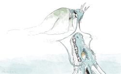  1boy absurdres bent_over blue_hair commentary_request dragon dragon_boy dragon_horns dual_persona eastern_dragon eastern_dragon_horns facing_down green_kimono highres horns hotathino japanese_clothes kimono kneeling long_hair male_focus original ripples solo water white_background 