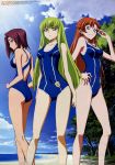   amber_eyes blue_eyes blush brown_hair cc code_geass green_hair highres kallen_stadtfeld karen_kouzaki long_hair pink_hair purple_hair redhead shirley_fenette short_hair swimsuit uniform  