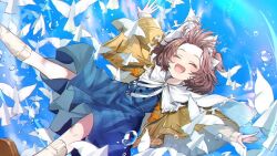  1girl ^_^ bangs_blown_up bird blue_skirt blue_sky blue_vest bow brown_cloak brown_hair cape cloak closed_eyes clouds day feet_out_of_frame floating flutterpage hair_bow kuramoto_beta-carotene legs_apart medium_skirt open_mouth outdoors outstretched_arms reverse:1999 short_hair simple_bird skirt sky smile socks solo spread_arms too_many too_many_birds vest white_bow white_cape white_socks 