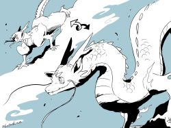  1boy all_fours animal_feet animal_hands blue_background blue_theme claws commentary_request dragon dragon_boy dragon_ears dragon_horns dragon_tail dual_persona eastern_dragon eastern_dragon_horns eastern_dragon_tail greyscale_with_colored_background highres horns hotathino japanese_clothes kimono long_hair male_focus monster_boy original simple_background solo tail wind 