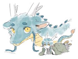  1boy arm_support blue_hair coat commentary dragon dragon_boy dragon_horns dragon_tail eastern_dragon feet_up green_kimono grey_coat hand_on_own_chin horns hotathino japanese_clothes kimono looking_at_viewer lying on_stomach original pointy_ears simple_background symbol-only_commentary tail twitter_username v white_background 