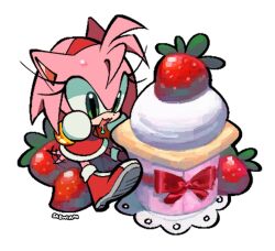  1girl :3 :d amy_rose animal_ears animal_nose boots bow bracelet cake chibi dress drooling food fruit full_body furry furry_female gloves gold_bracelet green_eyes hairband hedgehog_girl jewelry looking_at_food open_mouth pink_fur pink_hair red_bow red_dress red_hairband red_shoes saewiam shoes short_tail simple_background smile solo sonic_(series) standing strawberry strawberry_shortcake tail whipped_cream white_background white_gloves 