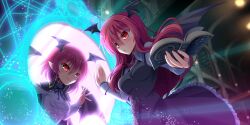  2girls :3 :o alternate_costume alternate_hair_length alternate_hairstyle backlighting black_cape black_skirt black_vest blurry blush book bookshelf breasts cape collared_shirt commentary demon_wings depth_of_field dress_shirt dual_persona english_commentary frilled_skirt frills from_below game_cg hair_between_eyes head_wings highres holding holding_book koakuma koakuma_(compendium_of_advanced_magic) large_breasts library light_particles long_hair magic_circle medium_breasts multiple_girls necktie official_art open_book pentagram pointy_ears portal_(object) red_eyes red_hair red_necktie shirt short_hair sidelocks skirt skirt_set third-party_source touhou touhou_lostword very_long_hair vest voile white_shirt wings yamu_(reverse_noise) 