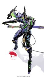 1other absurdres armor blood blood_on_weapon character_name eva_01 green_armor gun highres holding holding_gun holding_knife holding_weapon katana knife kurobameiyos mecha mechanical_arms multicolored_armor neon_genesis_evangelion purple_armor robot sword weapon 