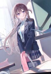  1girl bag blazer brown_hair chalkboard classroom cowboy_shot curtains dress_shirt dutch_angle floating_hair highres holding holding_bag holding_scarf holding_unworn_clothes jacket long_hair miwano_rag necktie original pleated_skirt ponytail scarf school_uniform shirt short_ponytail side_ponytail skirt solo standing table violet_eyes window 